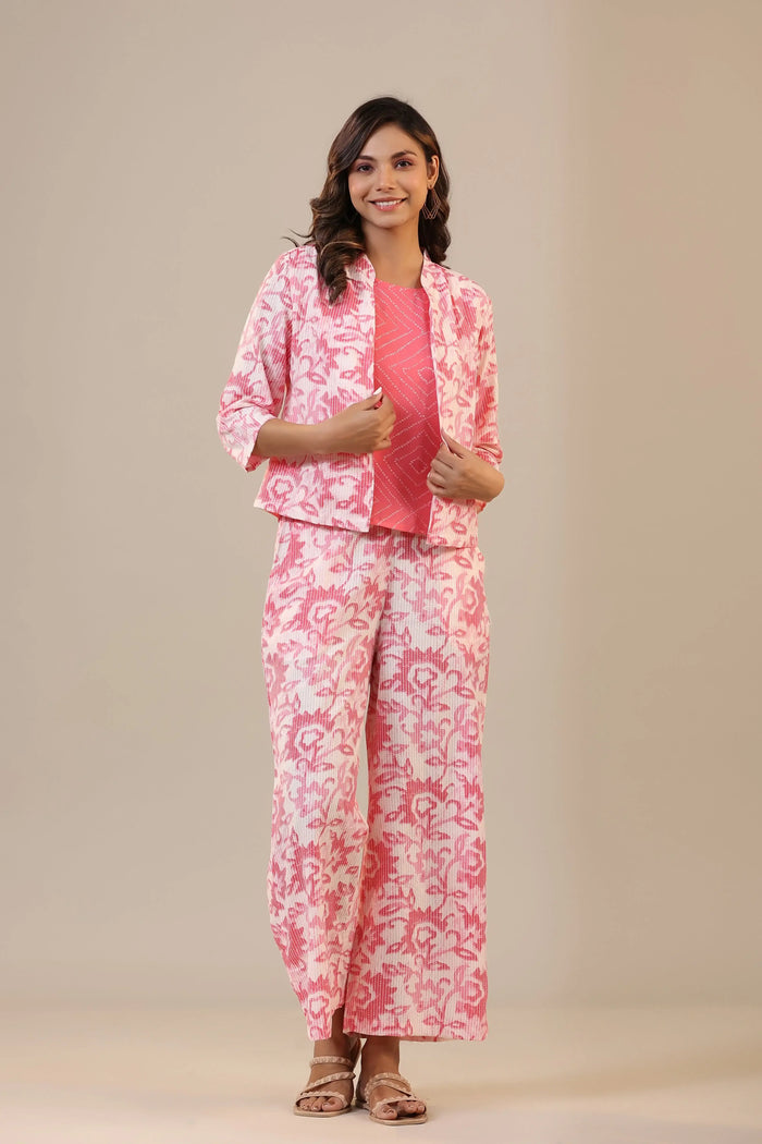 Pink Florals With Bandhej on Cotton Three piece Set