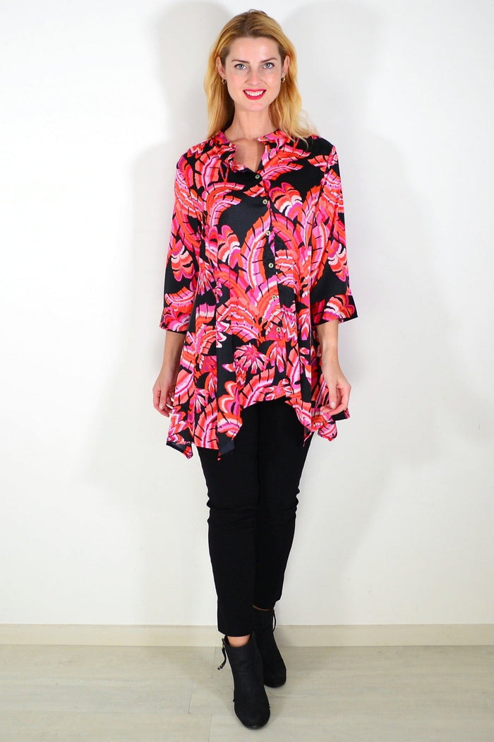 Pink orange satin tunic shirt by Caroline Morgan, showcasing a stylish, flowy tunic with smooth satin fabric and elegant design.