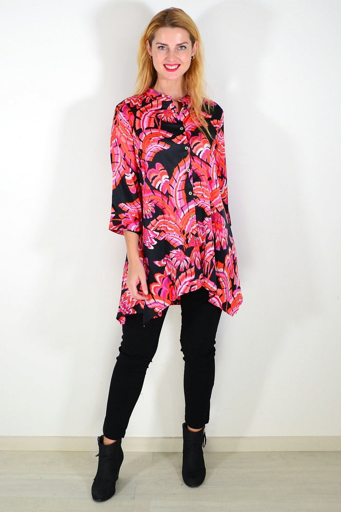 Pink orange satin tunic shirt by Caroline Morgan, featuring a stylish flowy fit and elegant fabric texture.