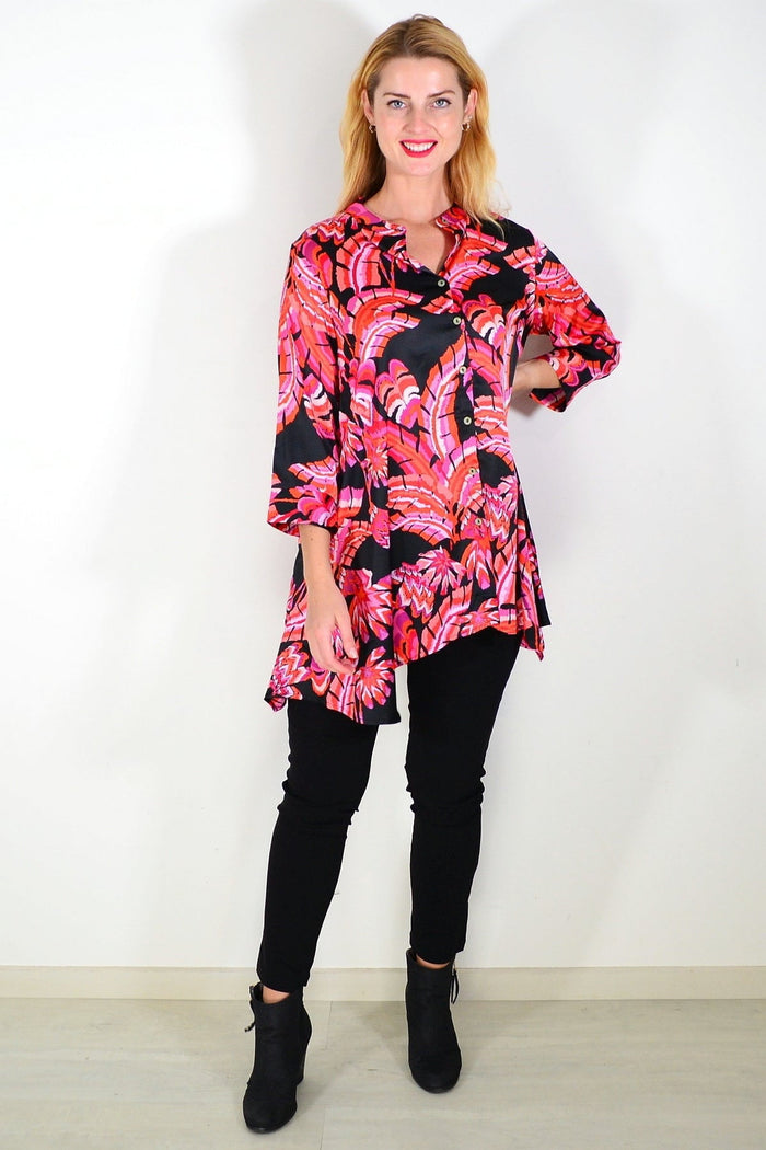 Pink and orange satin tunic shirt by Caroline Morgan, featuring a stylish and smooth fabric with a relaxed fit.