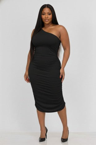 Plus Ruched One Shoulder Midi Bodycon Dress