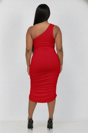 Plus Ruched One Shoulder Midi Bodycon Dress