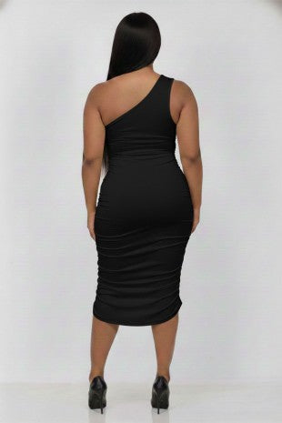 Plus Ruched One Shoulder Midi Bodycon Dress