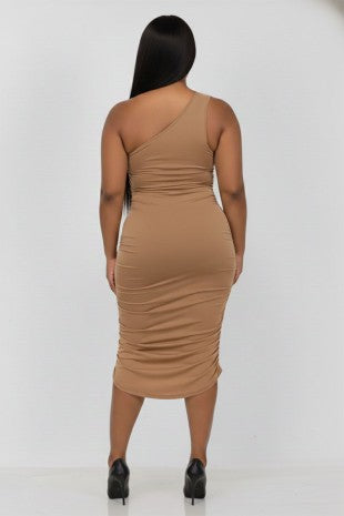 Plus Ruched One Shoulder Midi Bodycon Dress