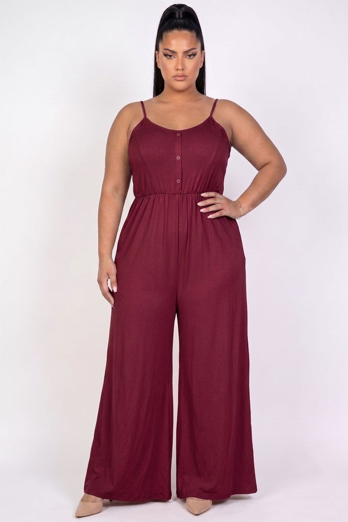 Plus Size Burgandy Button Front Wide Leg Jumpsuit