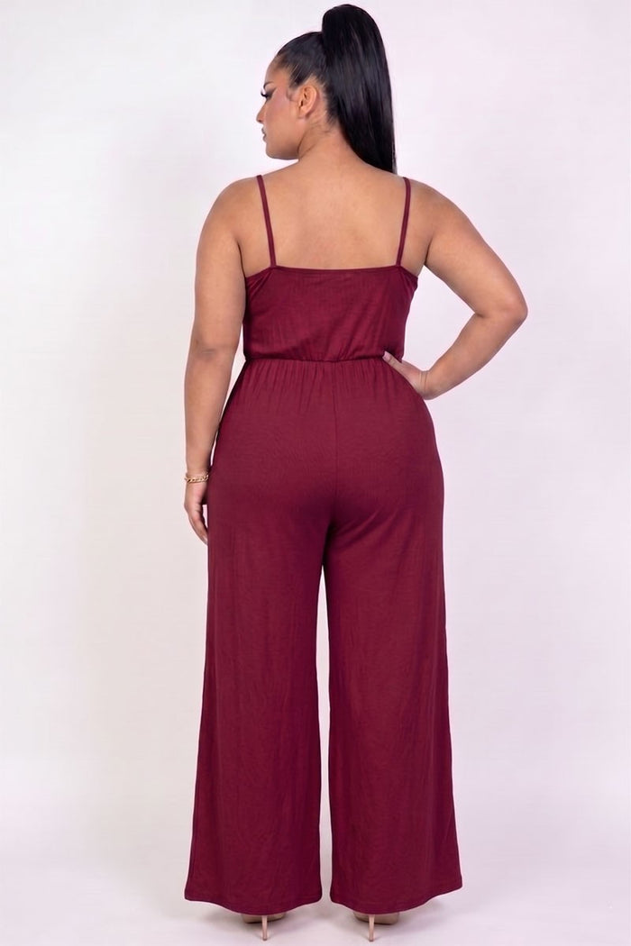 Plus Size Burgandy Button Front Wide Leg Jumpsuit