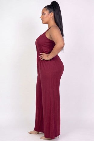 Plus Size Burgandy Button Front Wide Leg Jumpsuit