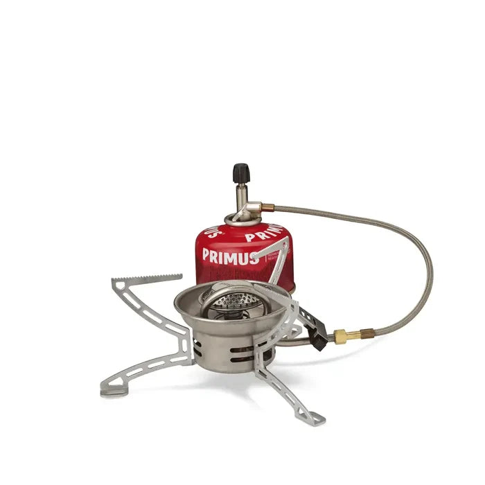 Primus Easy Fuel Camping Gas Stove attached to a gas canister on a white background