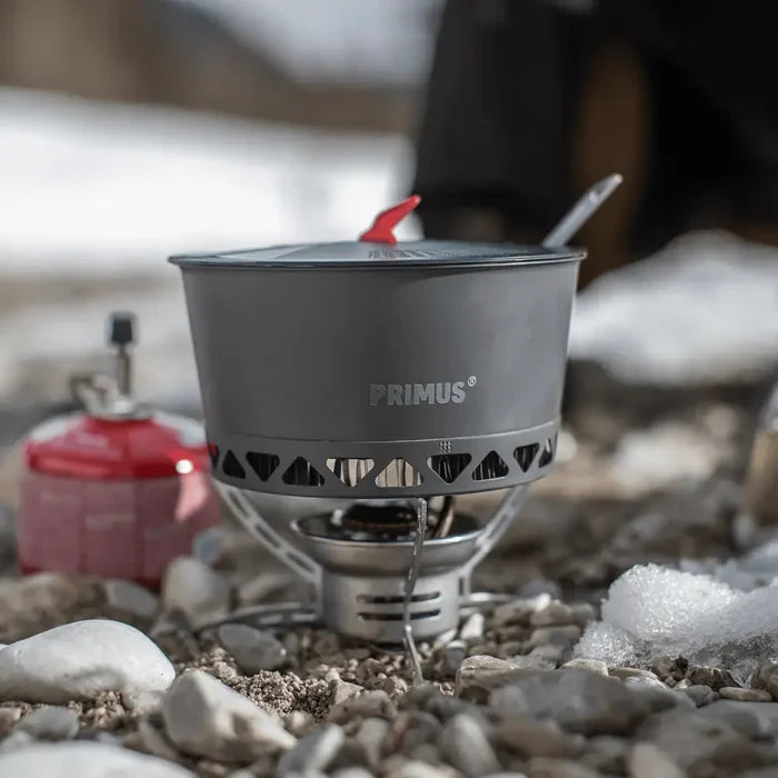 Primus Easy Fuel Camping Gas Stove with a Primus pot on top