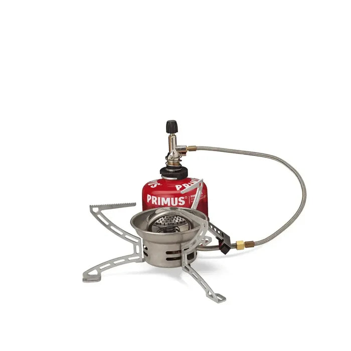 Primus Easy Fuel Duo Valve Camping Gas Stove attached to a power gas canister on a white background
