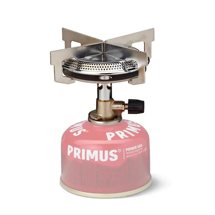 Primus Mimer Camping Gas Stove attached to a Primus power gas canister on a white background