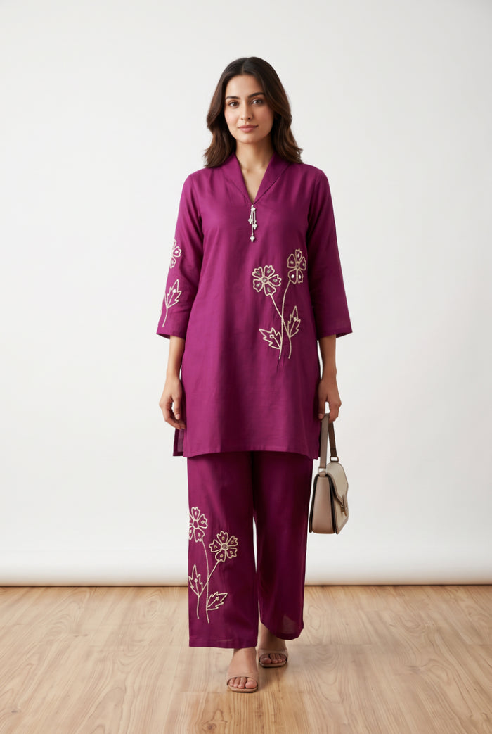 Purple Botanical Hand Embroidered Russian Silk Co-ord Set
