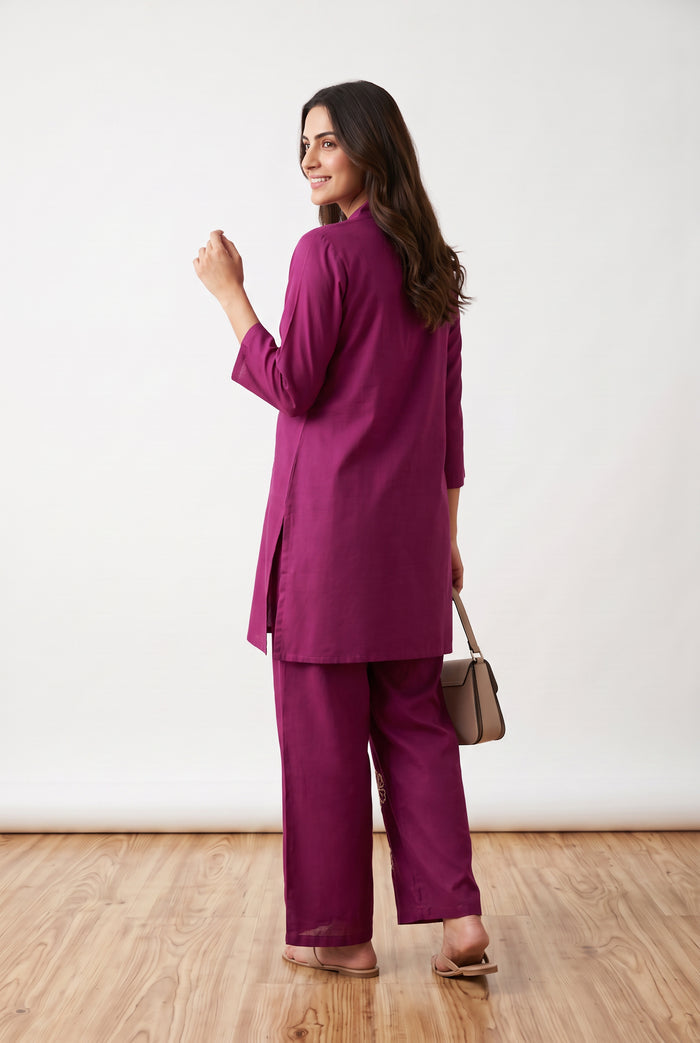 Purple Botanical Hand Embroidered Russian Silk Co-ord Set