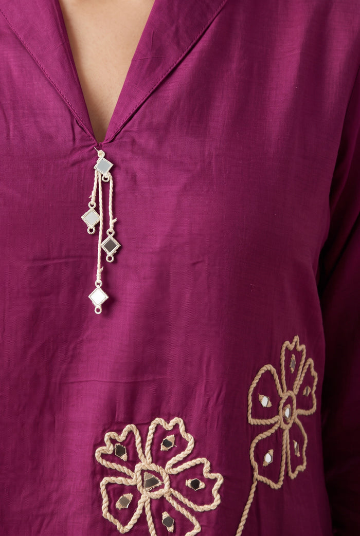Purple Botanical Hand Embroidered Russian Silk Co-ord Set