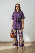 Purple Shirt Collar Half Sleeve Drawstring Waist Shirt with Floral Embroidered Pant Cotton Flex Co-ord Set