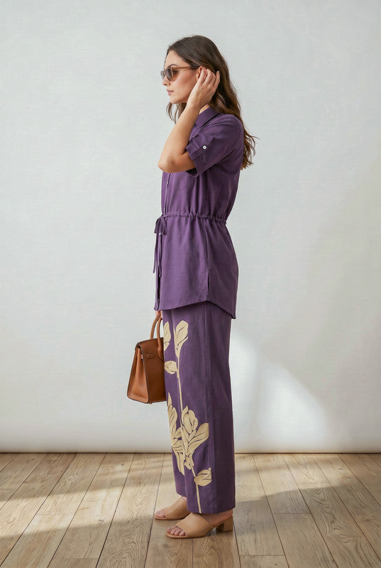 Purple Shirt Collar Half Sleeve Drawstring Waist Shirt with Floral Embroidered Pant Cotton Flex Co-ord Set