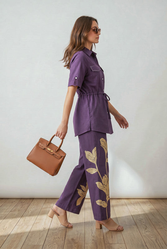 Purple Shirt Collar Half Sleeve Drawstring Waist Shirt with Floral Embroidered Pant Cotton Flex Co-ord Set