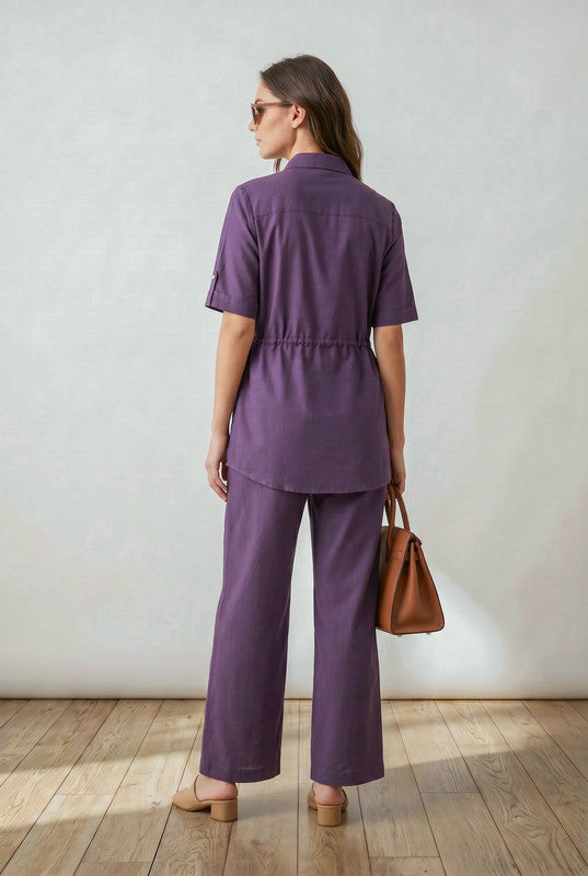 Purple Shirt Collar Half Sleeve Drawstring Waist Shirt with Floral Embroidered Pant Cotton Flex Co-ord Set