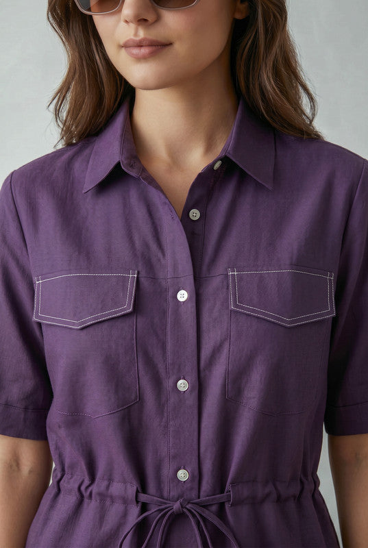 Purple Shirt Collar Half Sleeve Drawstring Waist Shirt with Floral Embroidered Pant Cotton Flex Co-ord Set