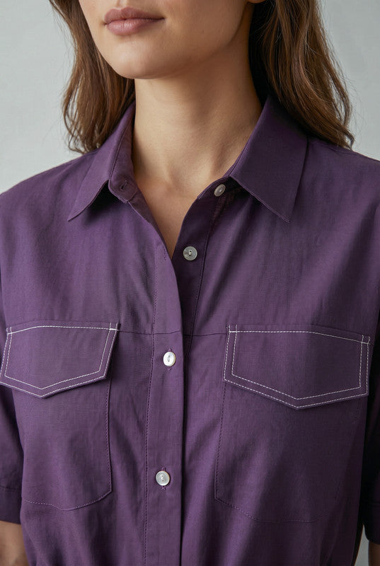 Purple Shirt Collar Half Sleeve Drawstring Waist Shirt with Floral Embroidered Pant Cotton Flex Co-ord Set