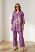 Purple Floral Embroidered Shirt Style Cotton flex Co-Ord Set