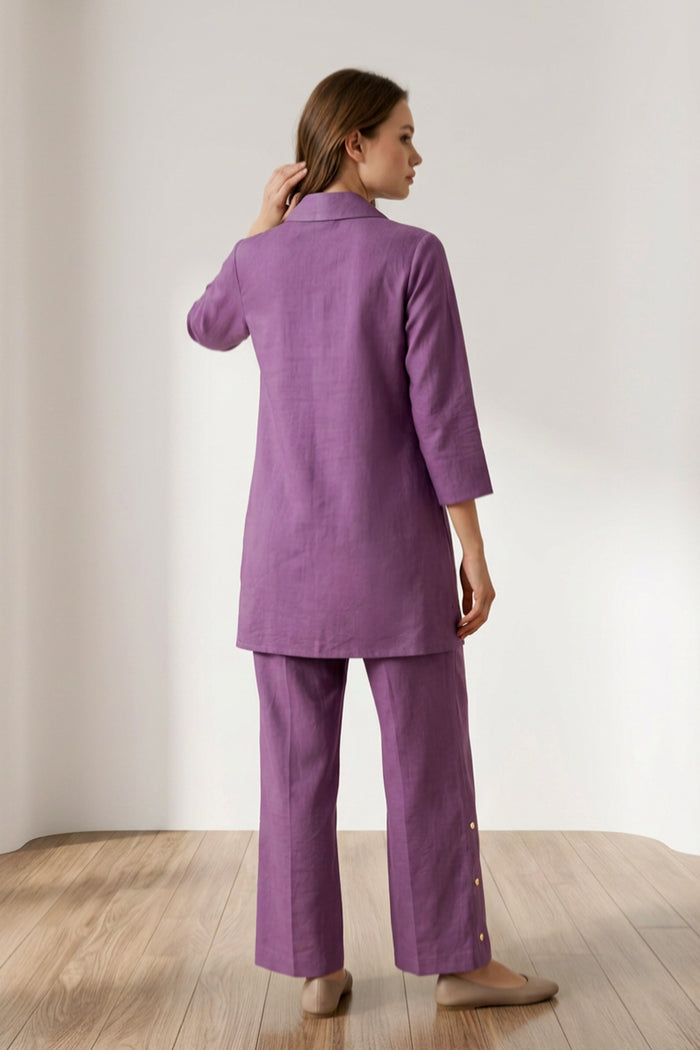 Purple Floral Embroidered Shirt Style Cotton flex Co-Ord Set