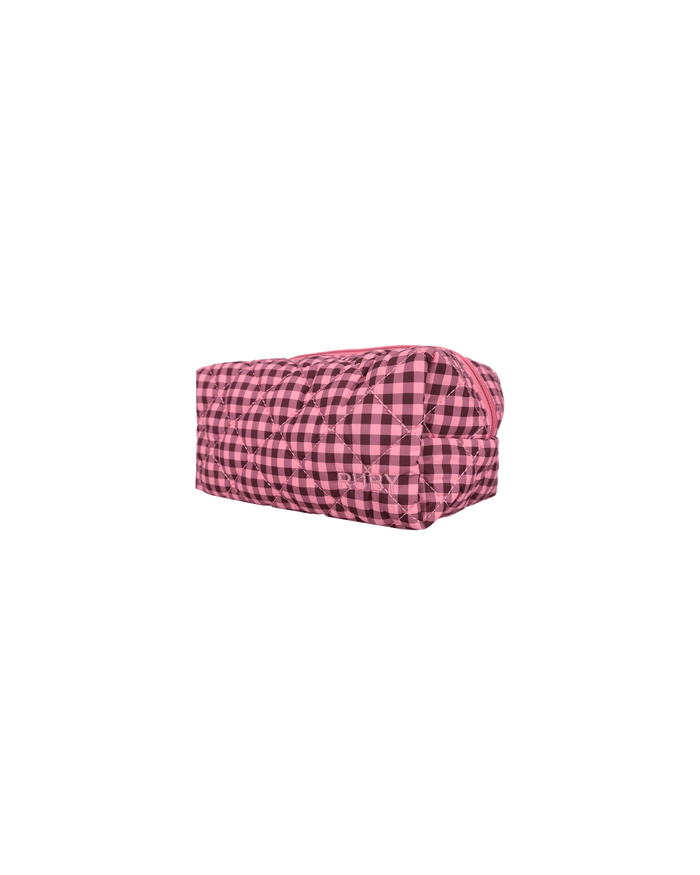 QUILTED COSMETIC BAG PINK BURGUNDY GINGHAM