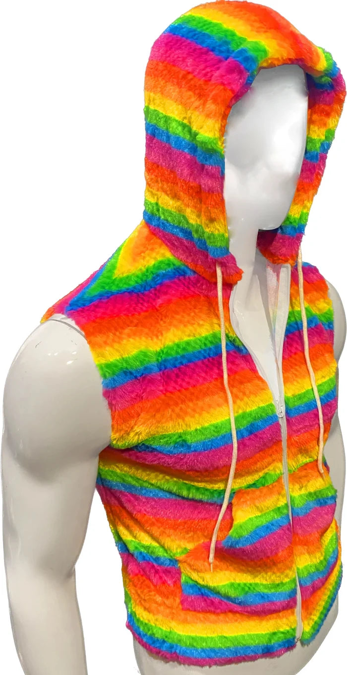 RAINBOW STRIPE FAUX FUR HOODIE