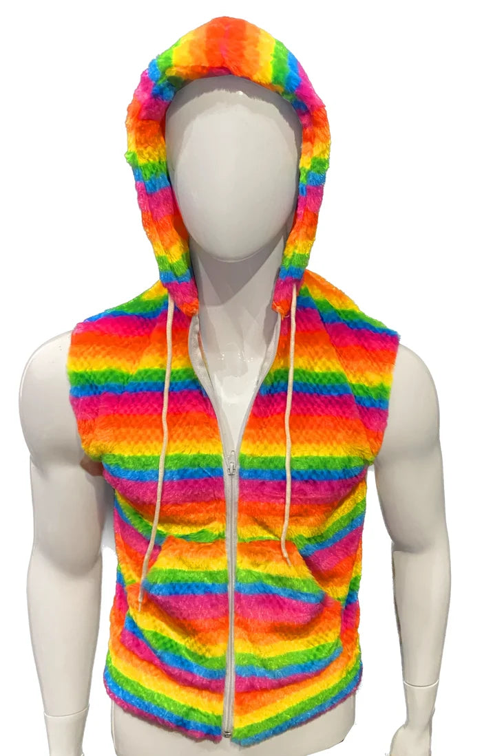 RAINBOW STRIPE FAUX FUR HOODIE