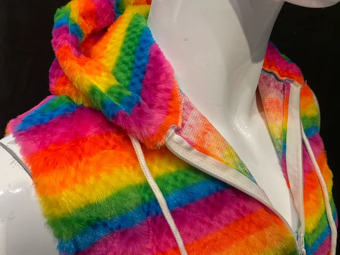 RAINBOW STRIPE FAUX FUR HOODIE
