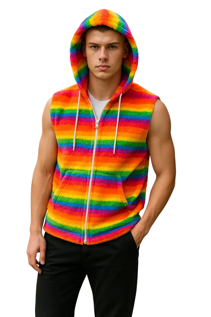 RAINBOW STRIPE FAUX FUR HOODIE