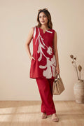 Red Artistic Floral Printed Sleeveless Tunic & Straight Pants Russian Silk Co-ord Set