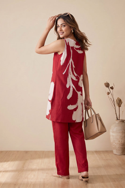 Red Artistic Floral Printed Sleeveless Tunic & Straight Pants Russian Silk Co-ord Set
