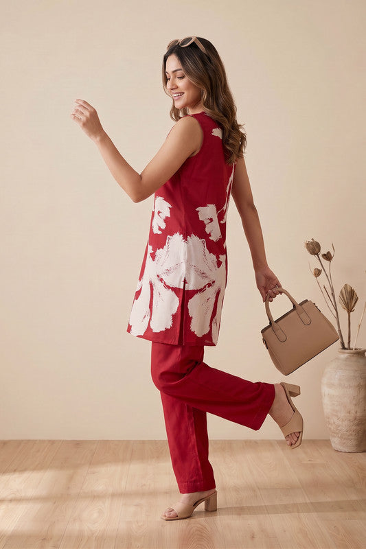 Red Artistic Floral Printed Sleeveless Tunic & Straight Pants Russian Silk Co-ord Set
