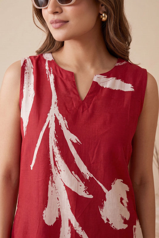 Red Artistic Floral Printed Sleeveless Tunic & Straight Pants Russian Silk Co-ord Set