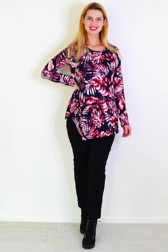 Red Ferns mesh layered tunic by Caroline Morgan, featuring a flowy design and textured fabric, displayed on a hanger.