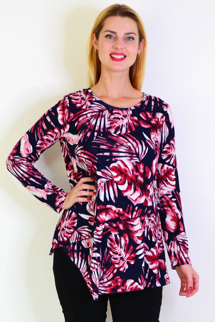Red Ferns mesh layered tunic by Caroline Morgan, featuring a flowy design with layered fabric and a stylish neckline.