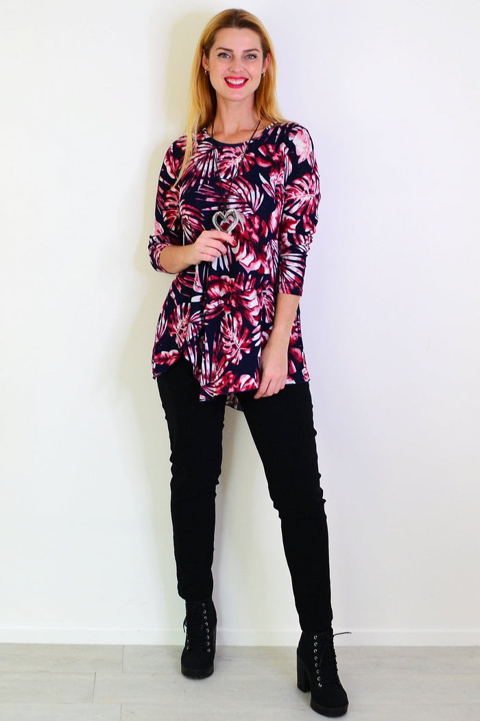 Red Ferns mesh layered tunic by Caroline Morgan, featuring a flowy, layered design and intricate mesh fabric.