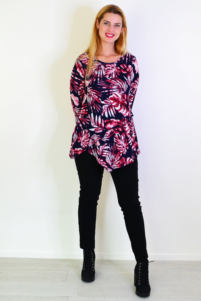 Red Ferns mesh layered tunic by Caroline Morgan, featuring lightweight fabric and stylish design, shown on a hanger.