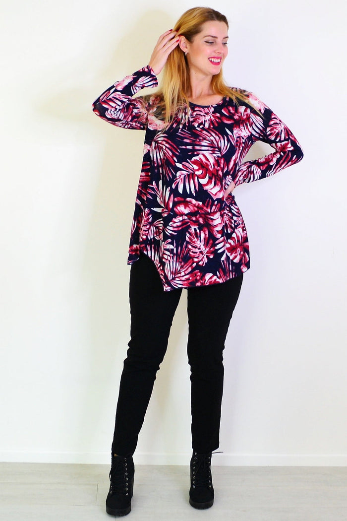 Red Ferns mesh layered tunic by Caroline Morgan, featuring a flowy, lightweight fabric and layered design, shown on a model.