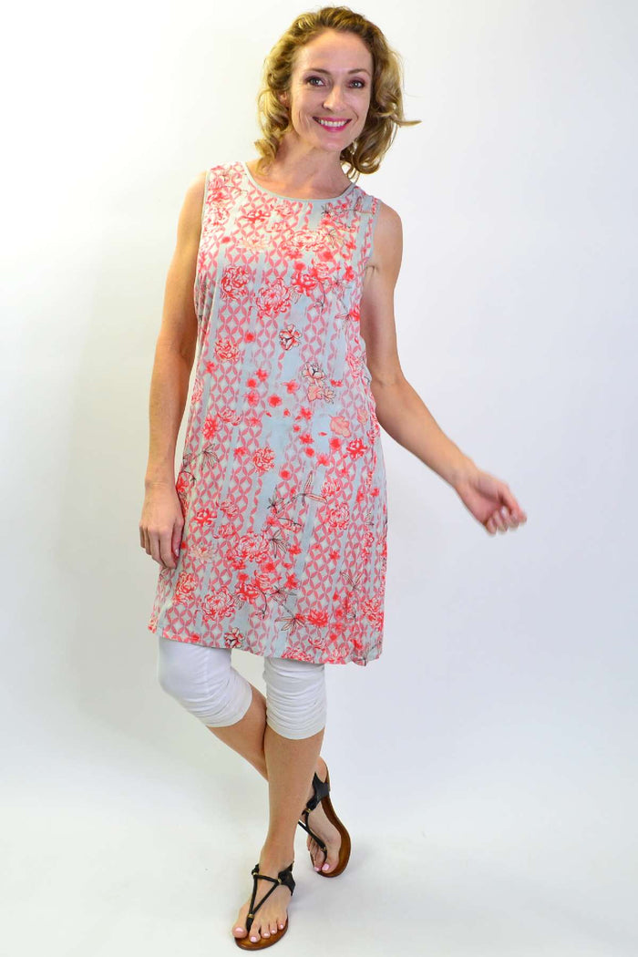 Reversible Japanese Cherry Blossom Tunic Dress by Orientique, showcasing floral pattern and comfortable fit on a model.