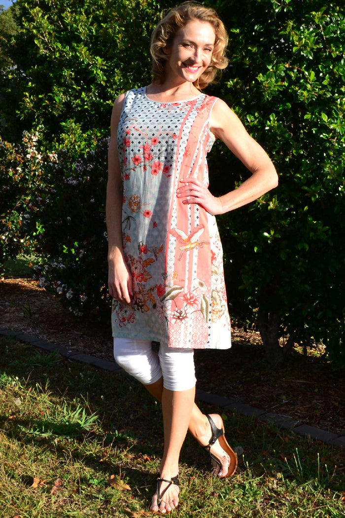 Reversible Japanese Cherry Blossom Tunic Dress by Orientique featuring vibrant cherry blossom patterns on soft fabric.