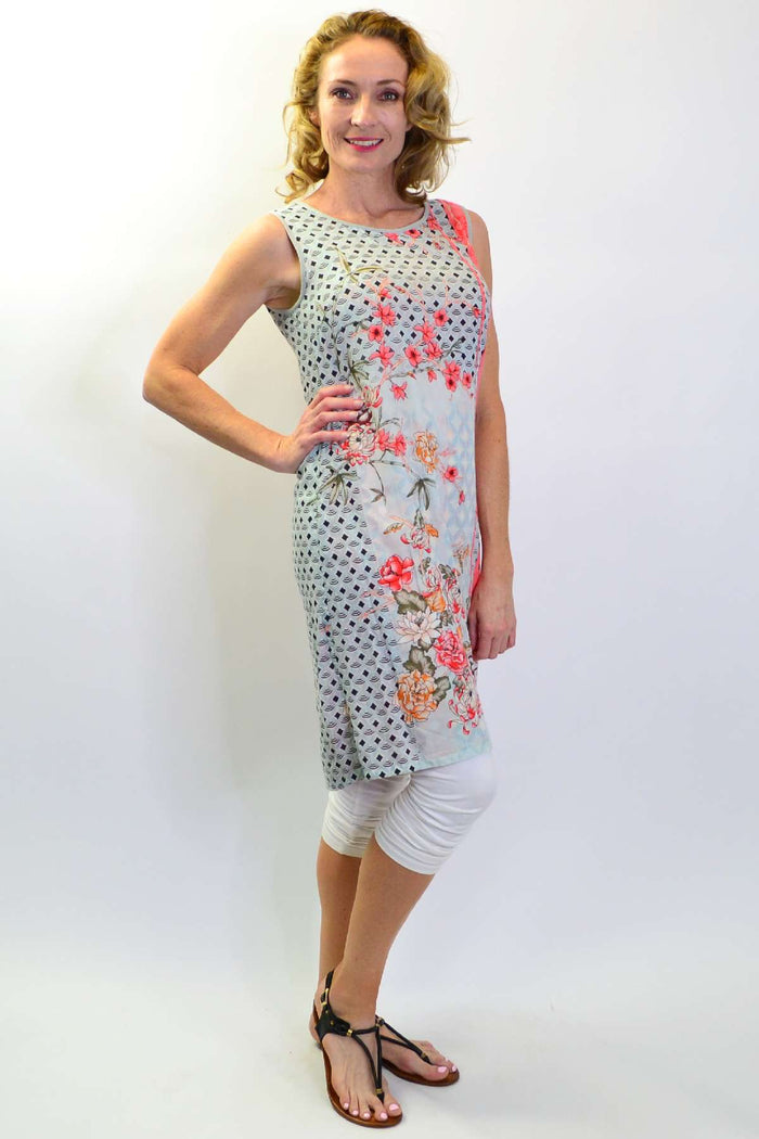 Reversible Japanese Cherry Blossom Tunic Dress by Orientique showcasing vibrant cherry blossom patterns on lightweight fabric.