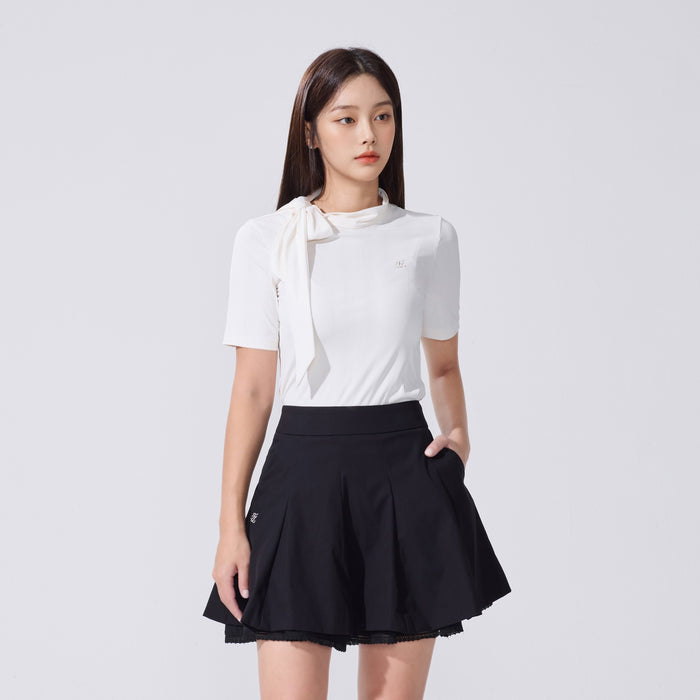 Ribbon High Neck Seven-Button T-Shirt (White)