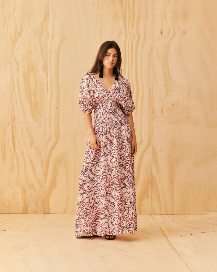 RILEY SHIRRED DRESS PINK SCATTER FLORAL
