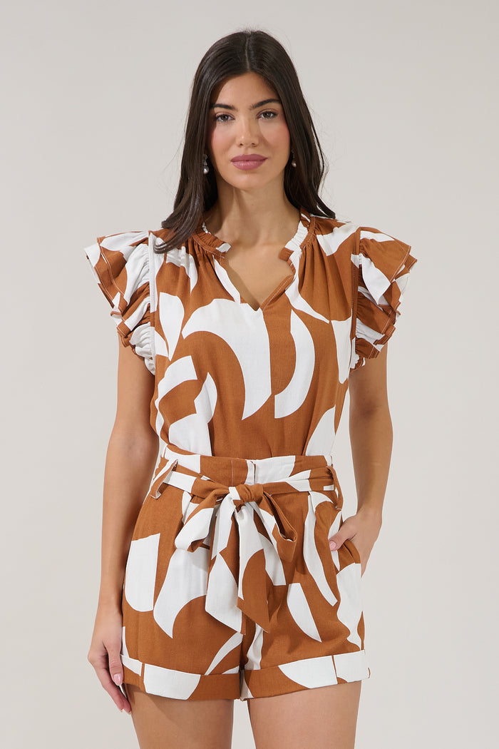 Risette Ruffle Split Neck Top Abstract