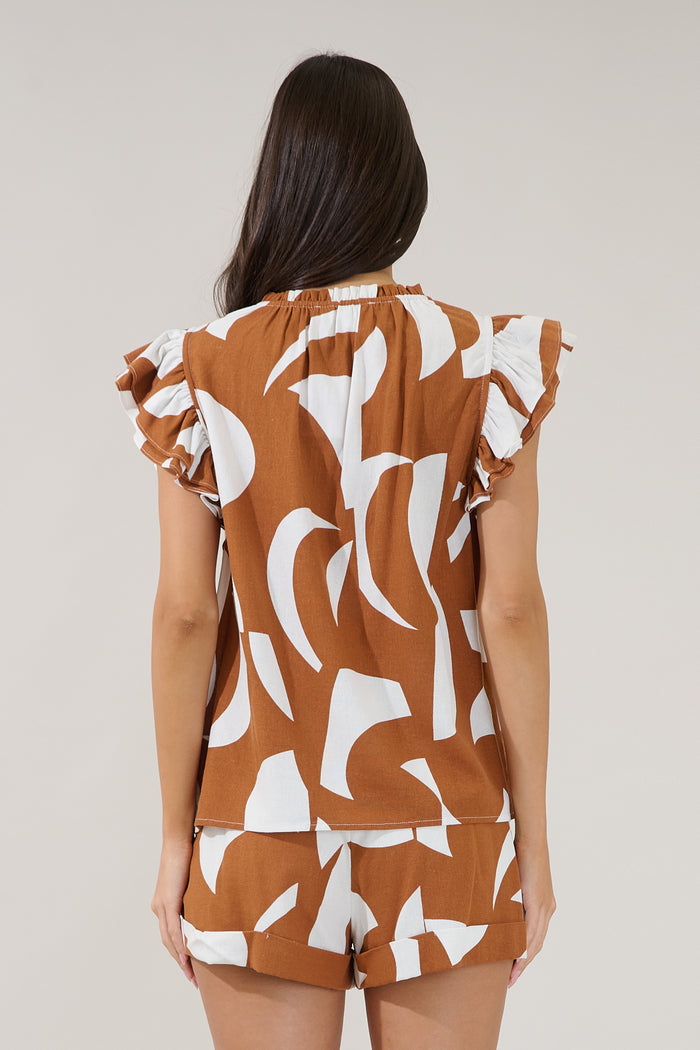 Risette Ruffle Split Neck Top Abstract