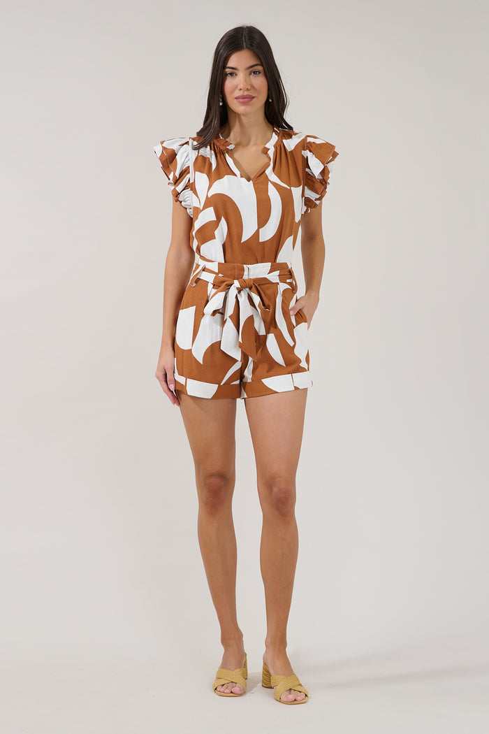 Risette Ruffle Split Neck Top Abstract