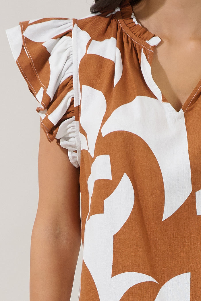 Risette Ruffle Split Neck Top Abstract