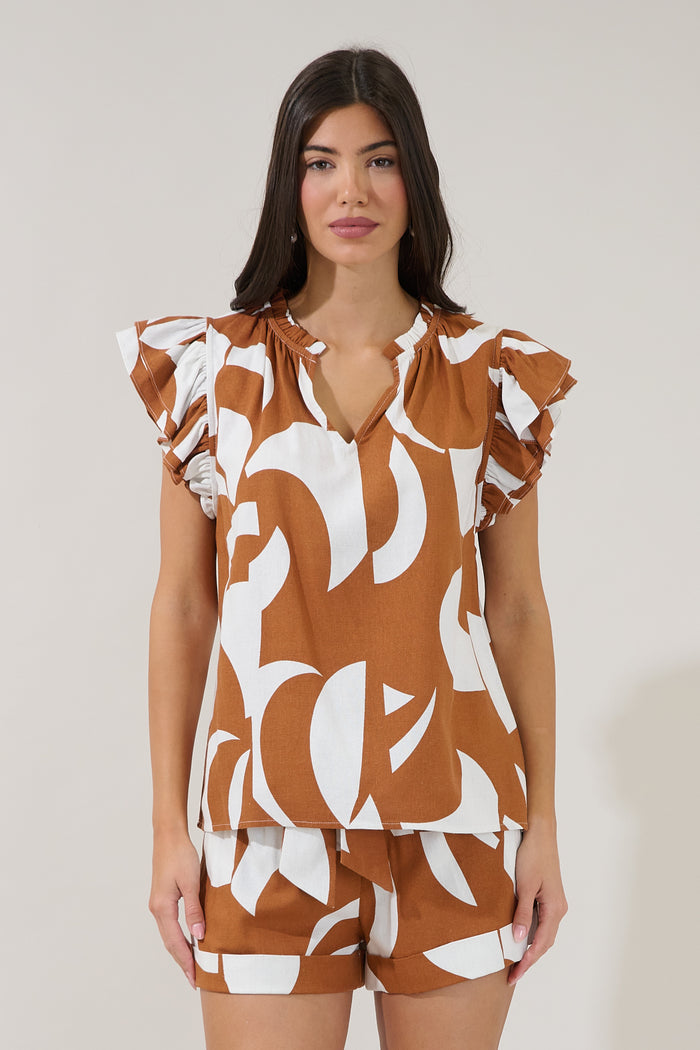 Risette Ruffle Split Neck Top Abstract